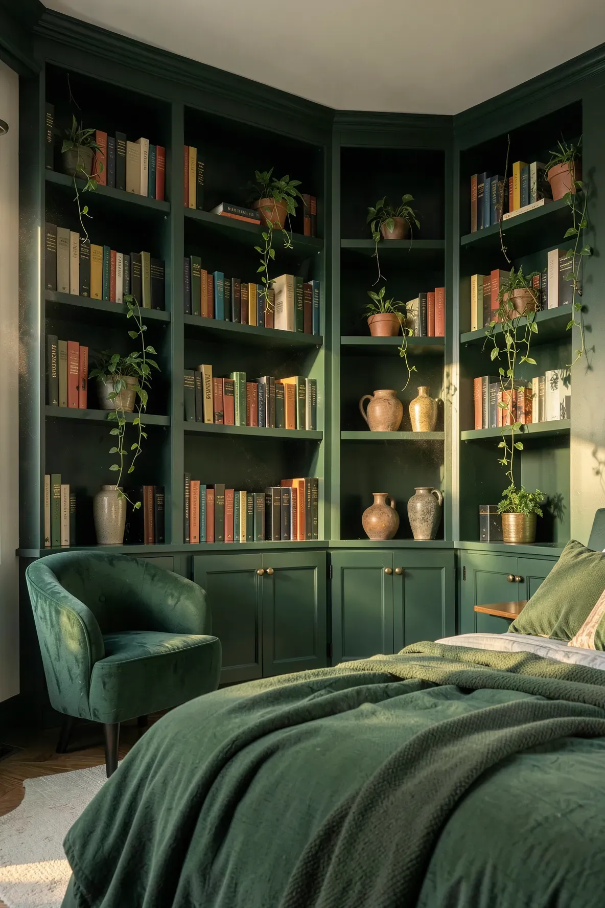 A seamless green bedroom featuring built-in bookshelves painted the same forest green as the walls.