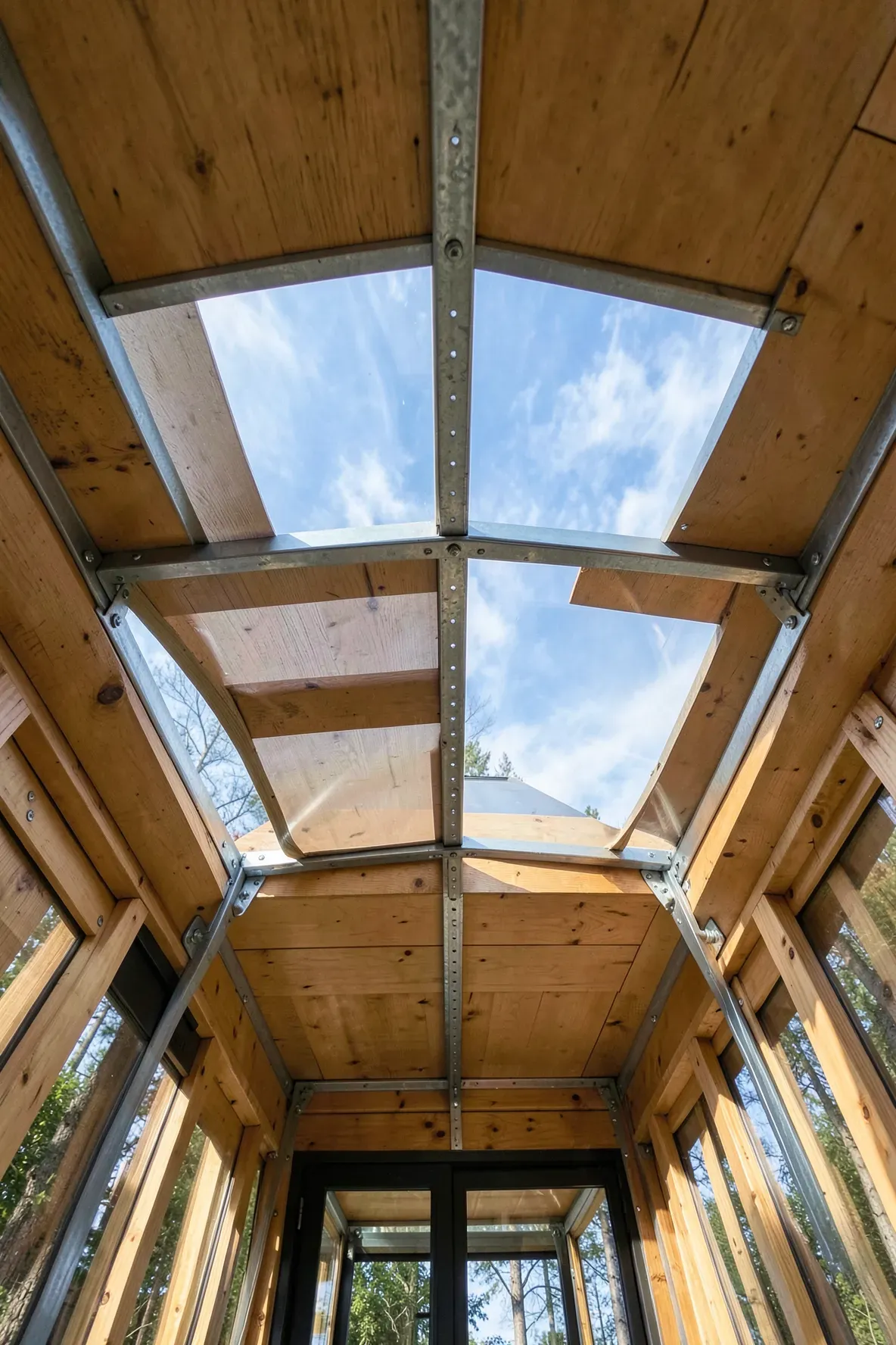 A small treehouse cabin with its wooden roof panels retracted to reveal the open sky above.