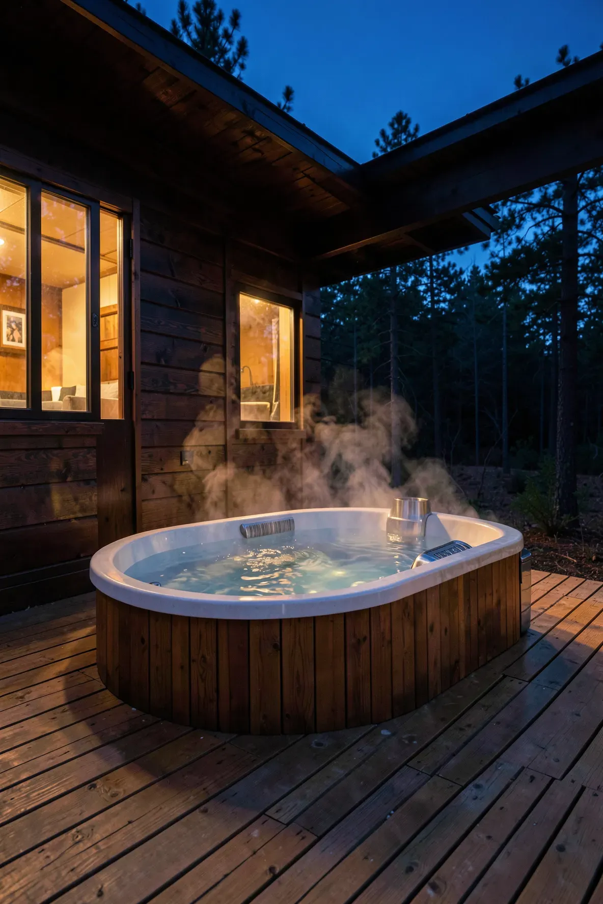 A luxury treehouse deck featuring a steaming wood-fired cedar hot tub at twilight.