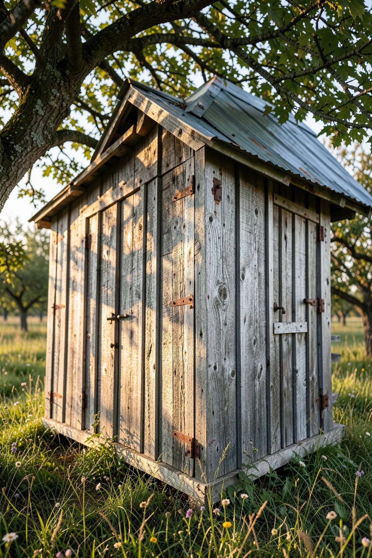 A rustic treehouse made from weathered reclaimed barn wood in an old orchard.