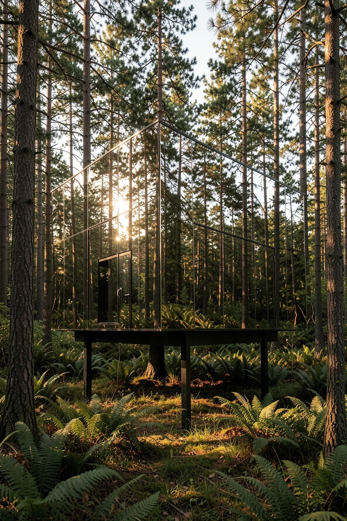 A mirrored cube cabin reflecting a dense pine forest during golden hour, appearing nearly invisible.