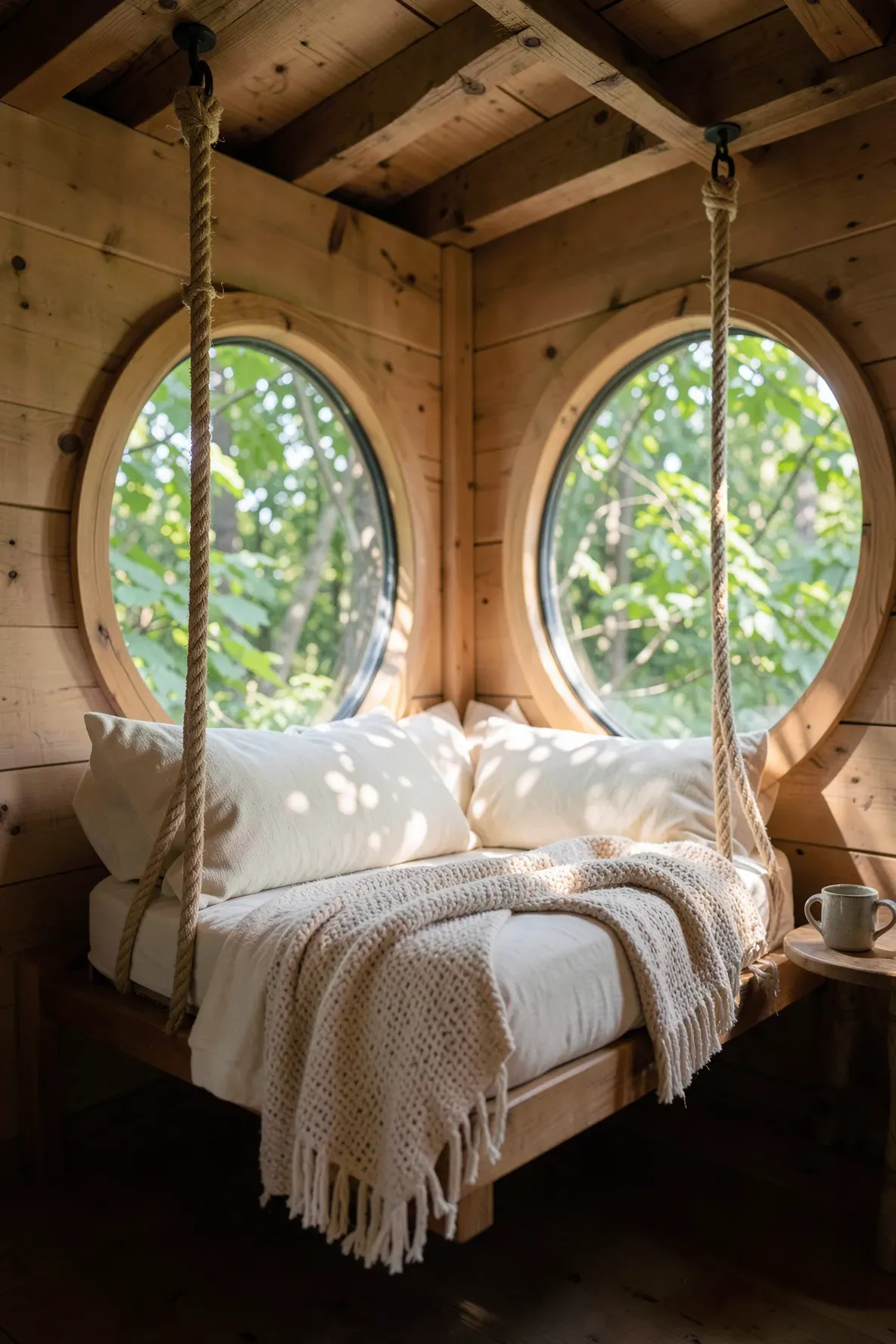 A cozy treehouse interior featuring a hanging daybed with soft pillows next to a large round window.