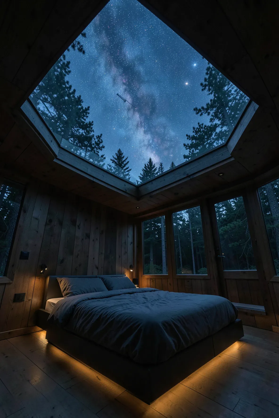 A dark, cozy treehouse bedroom with a large skylight showing a starry night sky above the bed.