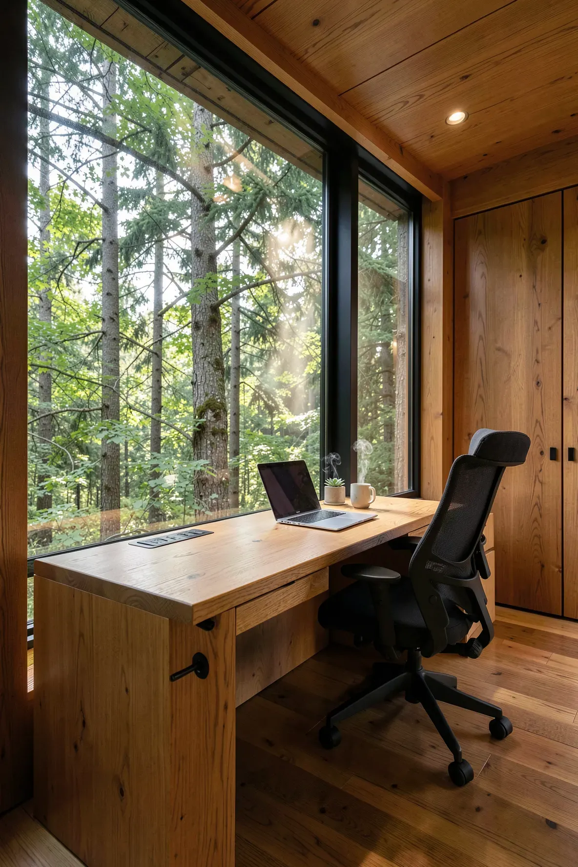 A modern treehouse workspace with a built-in oak desk facing a large window with a view of a lush green forest.