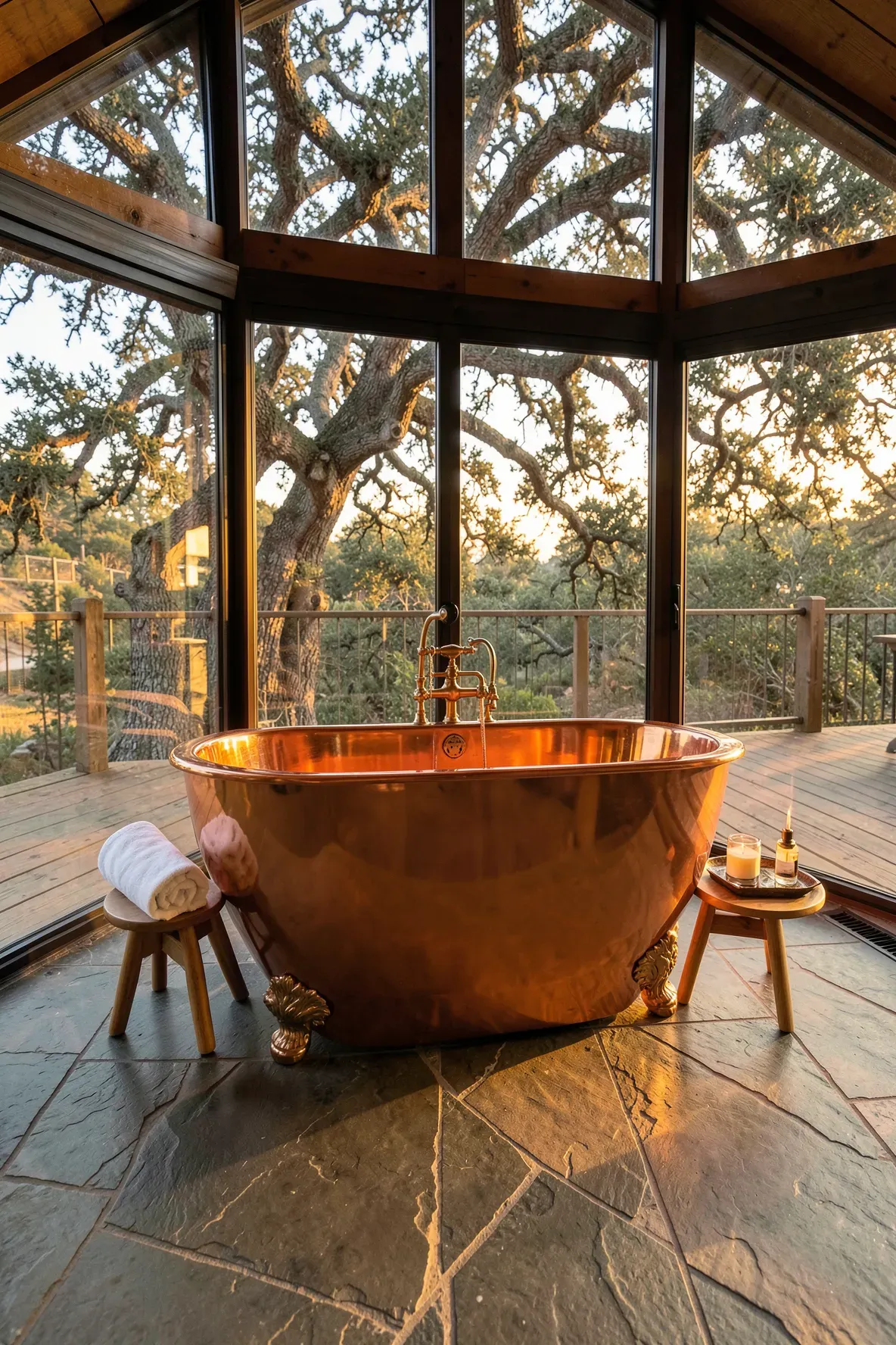 A luxury treehouse bathroom featuring a freestanding copper bathtub on stone floors with a forest view.