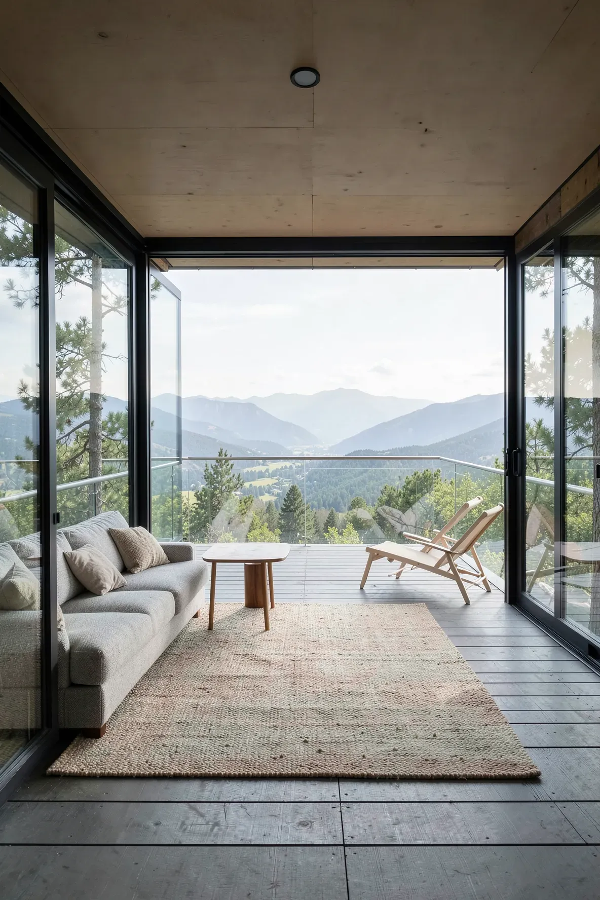 Large sliding glass doors open from a modern treehouse living room to a high-altitude porch overlooking a valley.