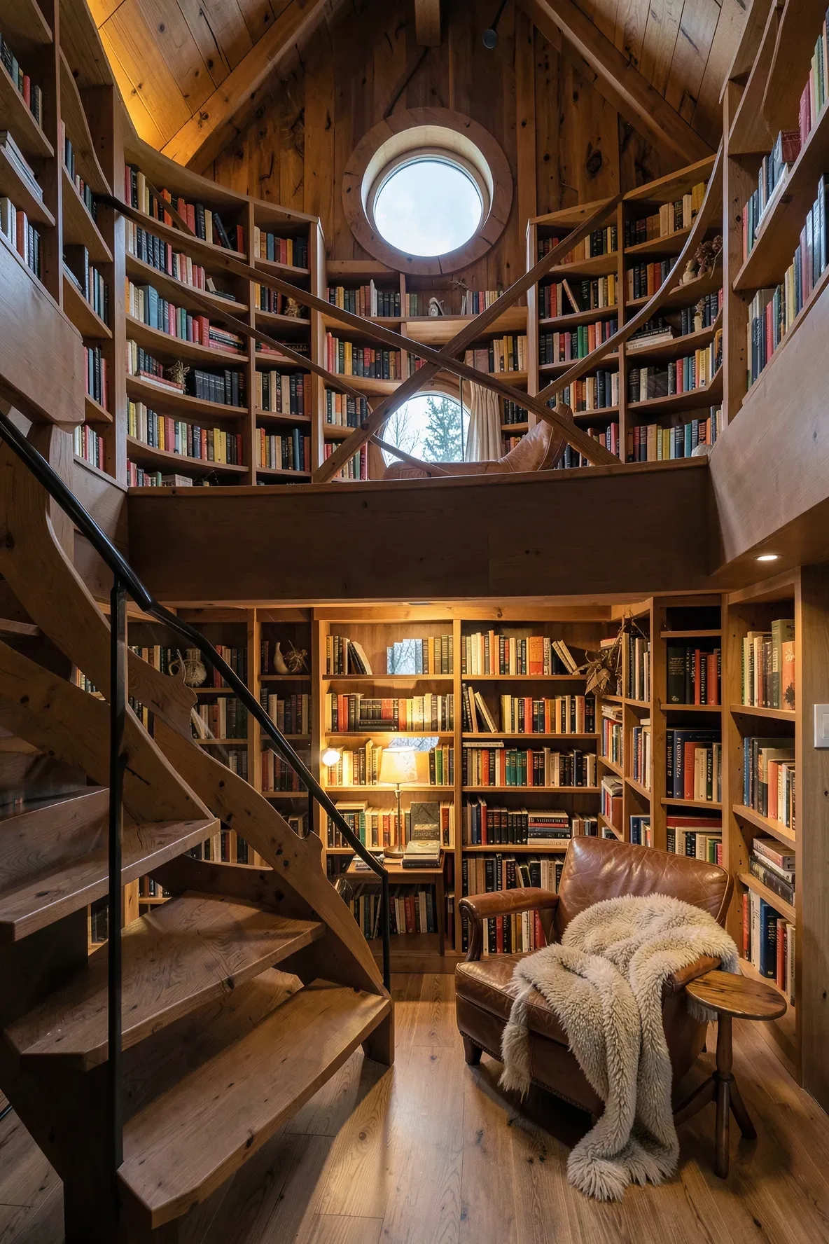 A split-level treehouse interior showing a cozy upper-level library with bookshelves and a leather chair.