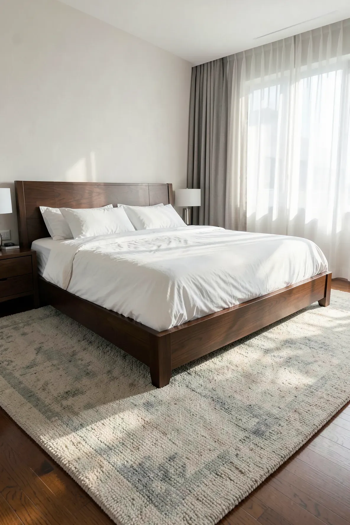 A large cream-colored area rug anchored under a dark wood bed frame in a bright modern bedroom.
