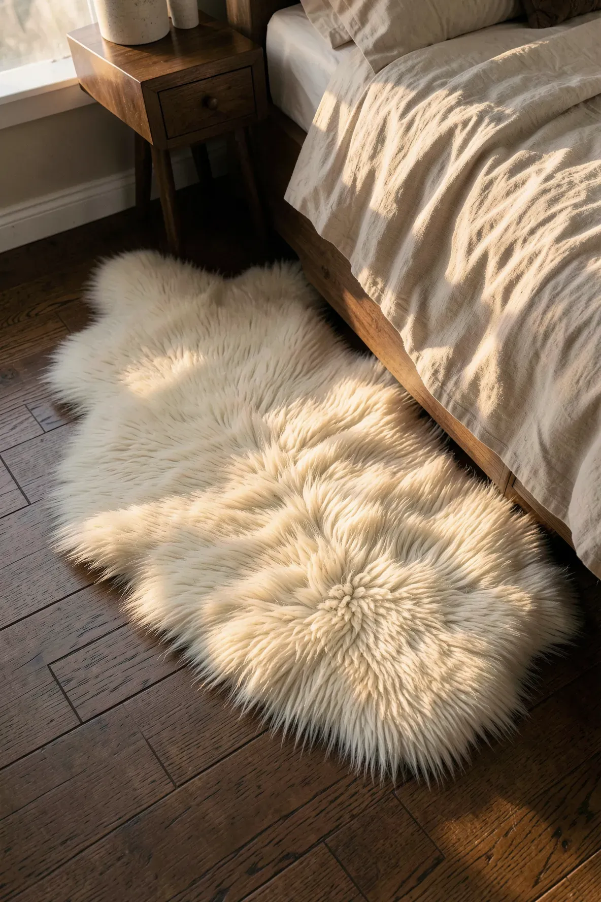A fluffy white sheepskin rug lying on a dark wood floor next to a cozy bed.