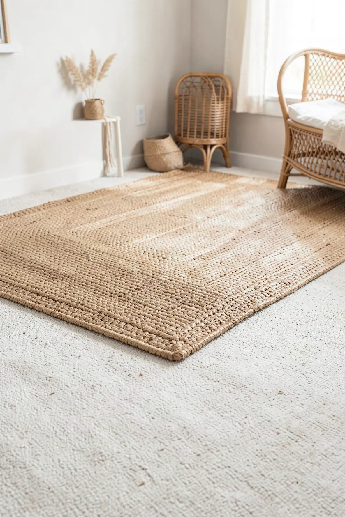 A textured tan jute rug layered over a soft cream carpet in a sunlit bedroom.