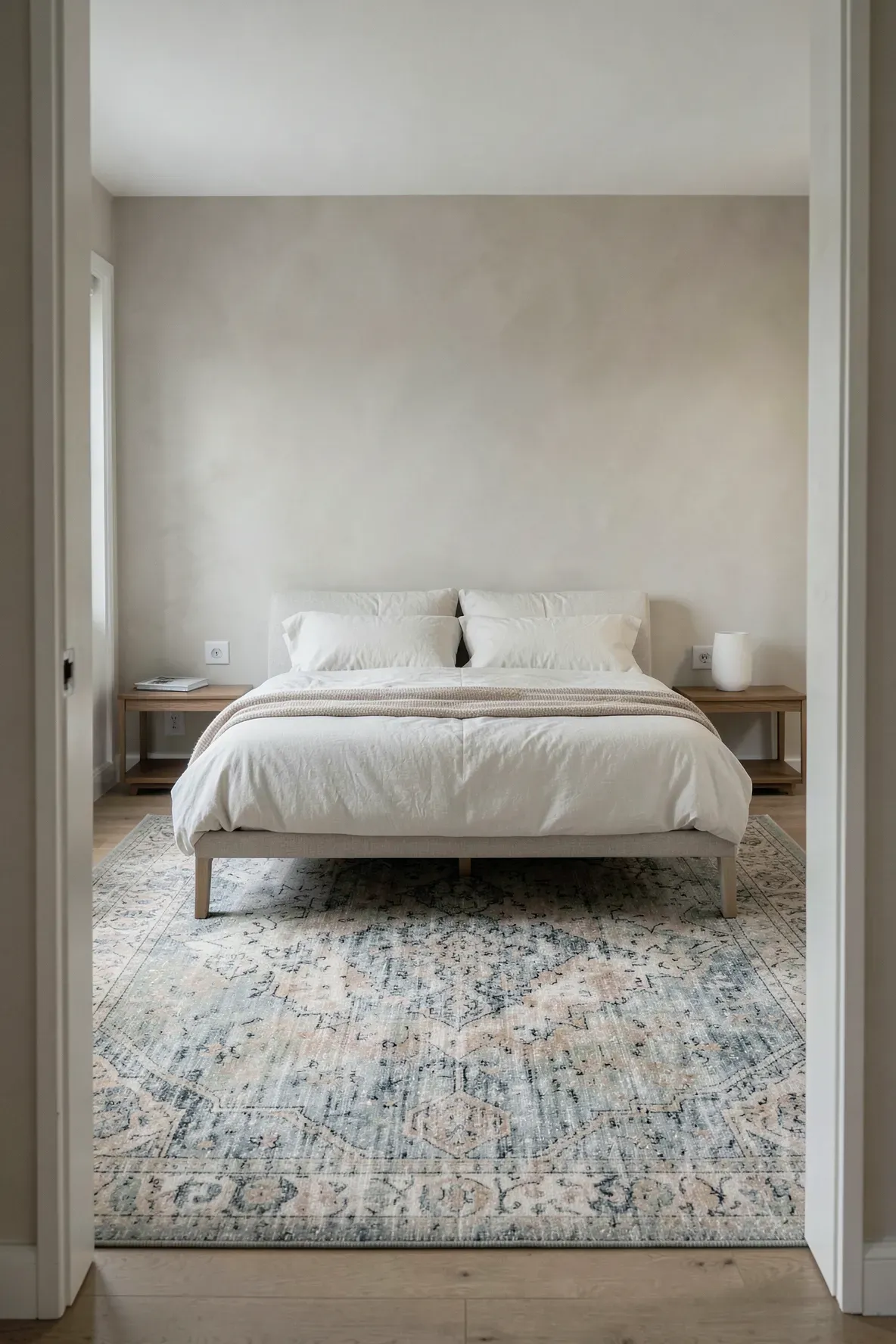 A faded, neutral-toned Oriental rug with a distressed pattern in a calm bedroom.