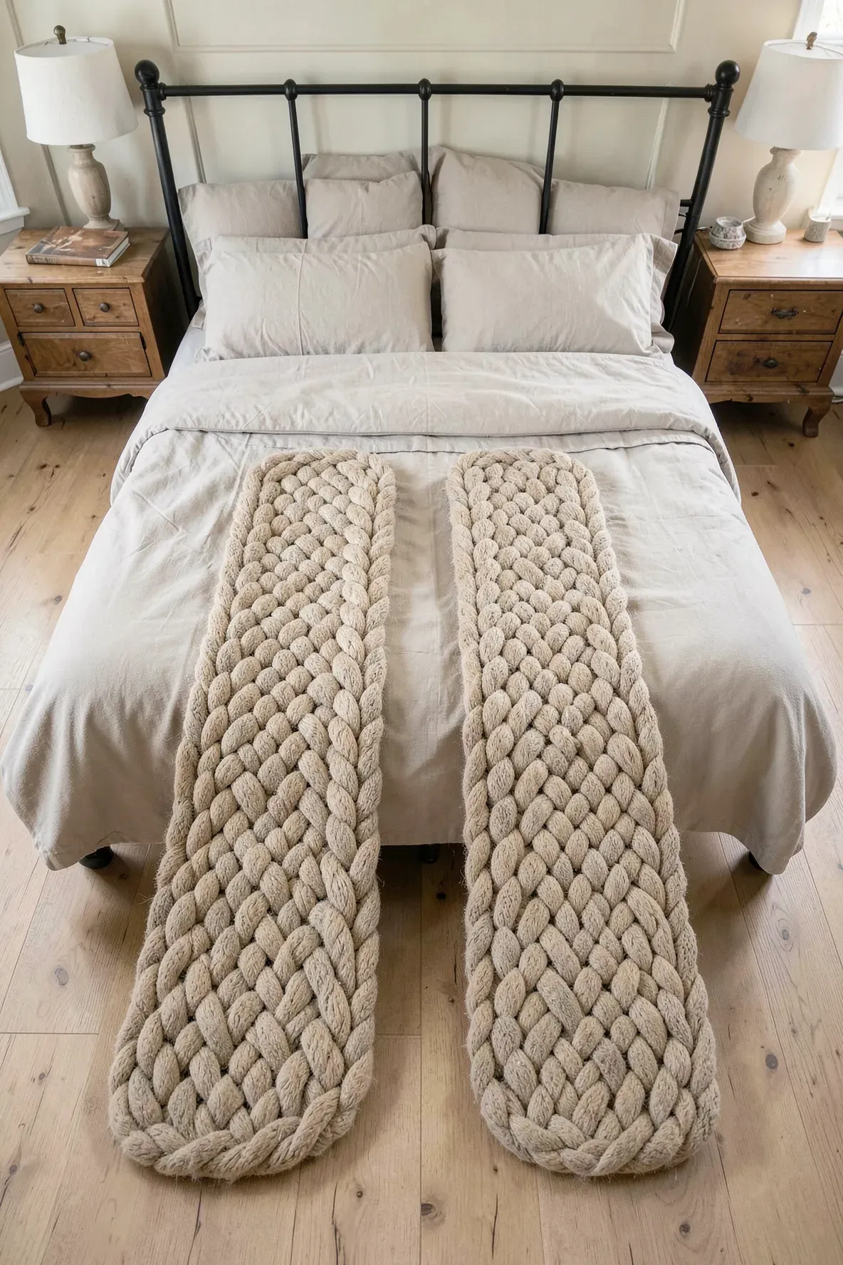 Two thick braided wool runners placed on either side of a bed on a light wood floor.