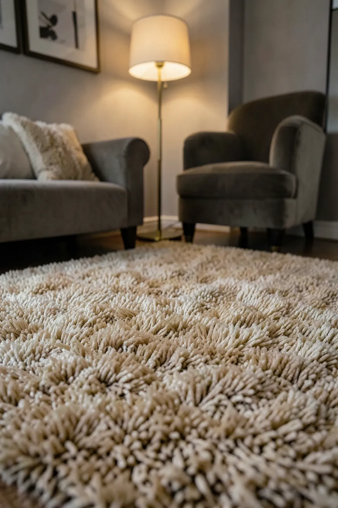 A thick, plush high-pile shag rug in a warm, cozy bedroom with soft lighting.
