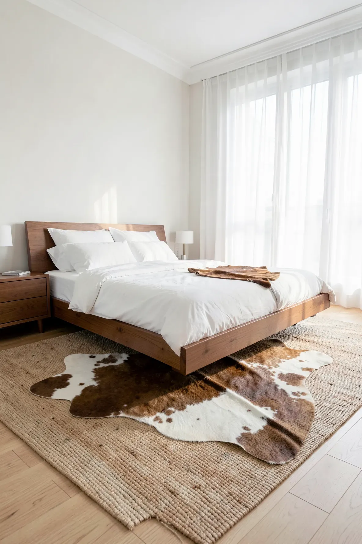A layered rug setup with a cowhide over a sisal base in a modern bedroom.