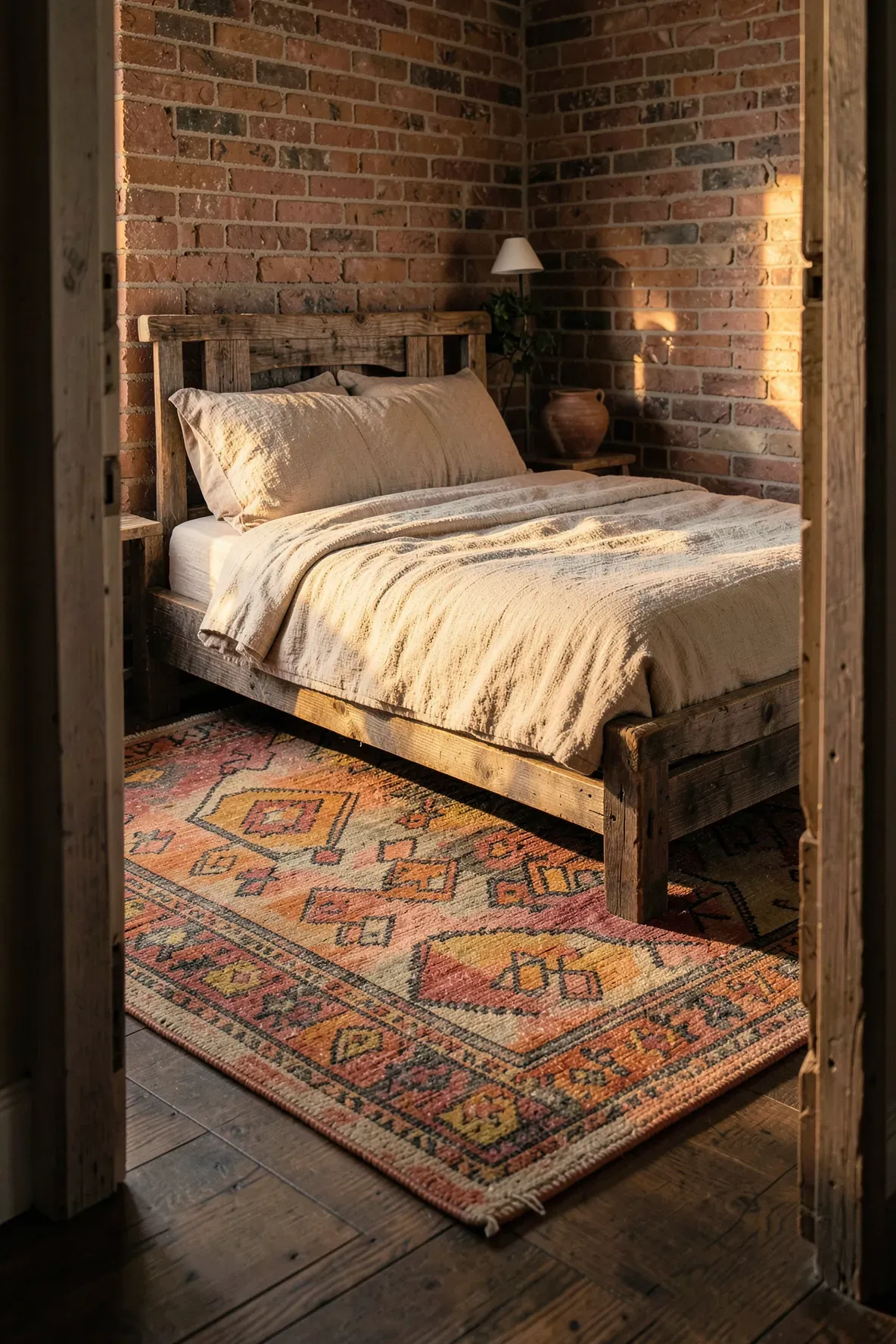 A faded vintage Kilim rug with geometric patterns in a warm earth-toned bedroom.