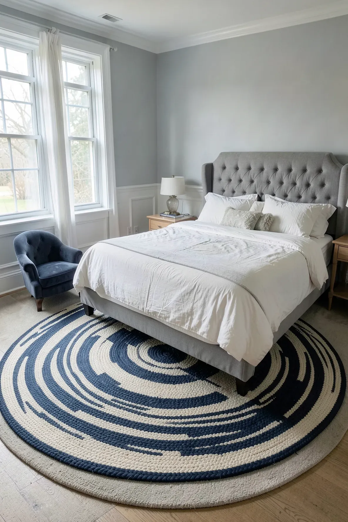 A circular braided rug at the foot of a bed with an armchair in a serene bedroom.