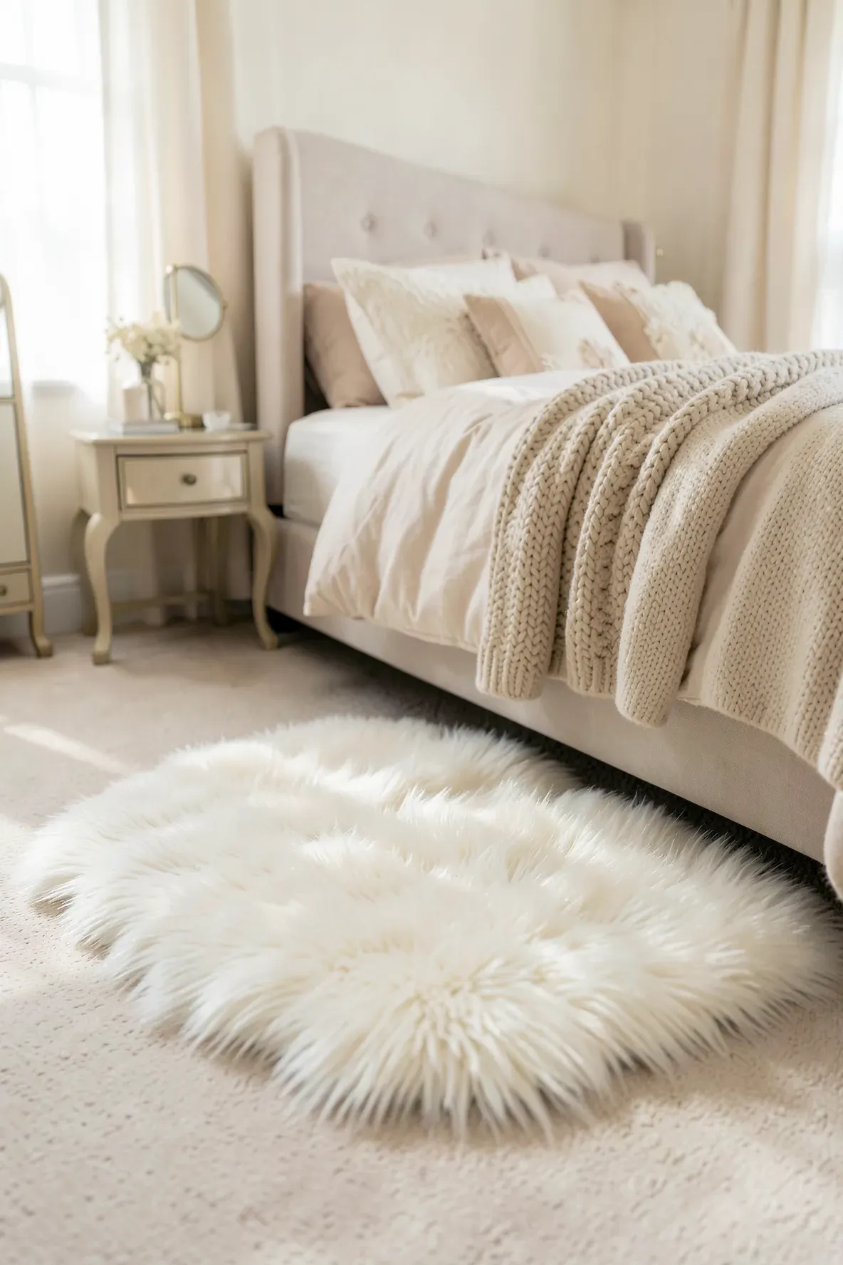 A plush white faux fur rug placed next to a bed in a cozy, romantic bedroom.
