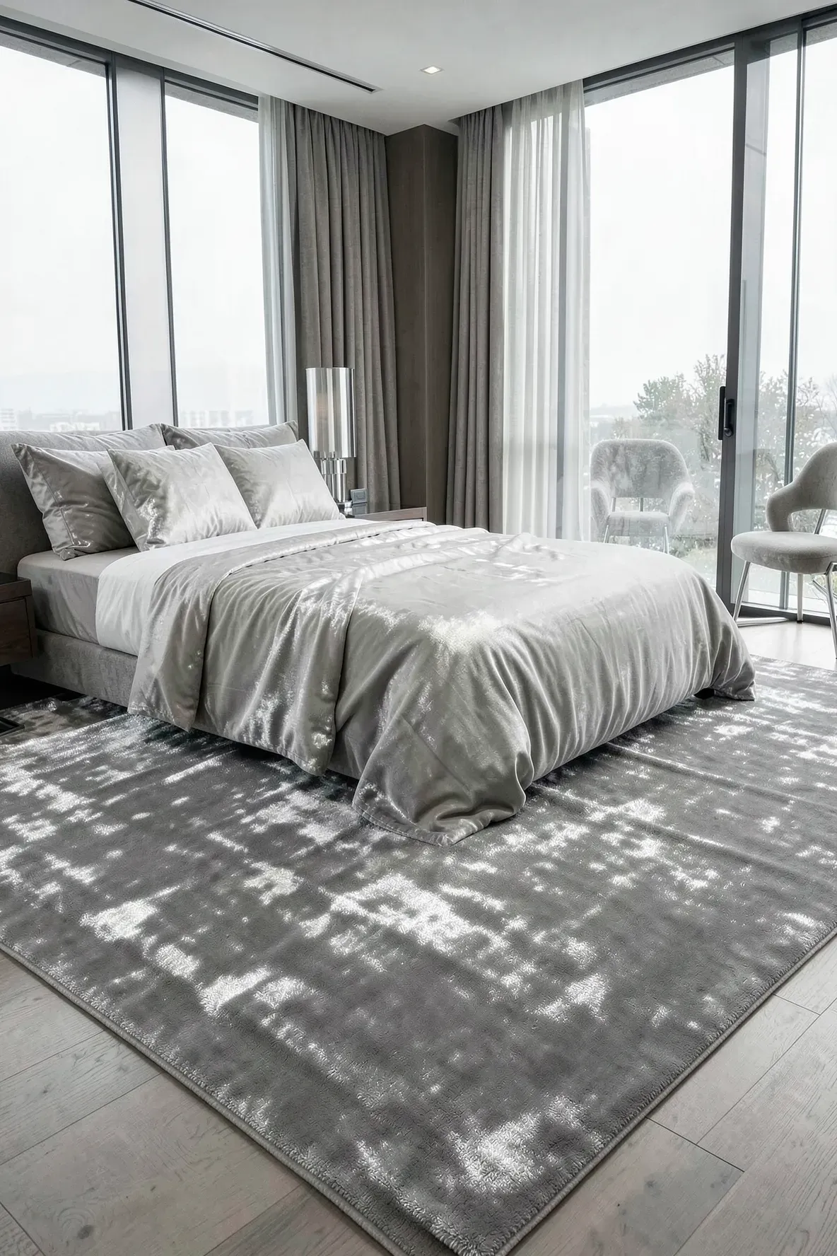 A solid silk-blend rug with a subtle silver sheen in a luxury bedroom.