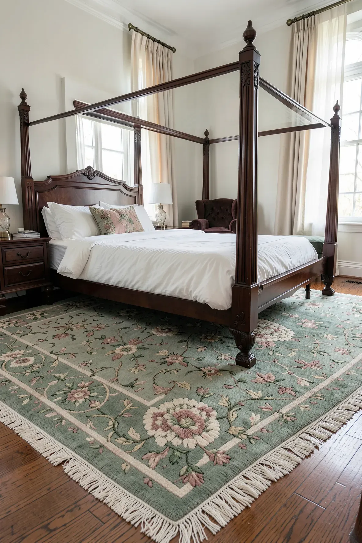 A detailed hand-knotted floral rug in sage and rose under a mahogany bed in a traditional bedroom.