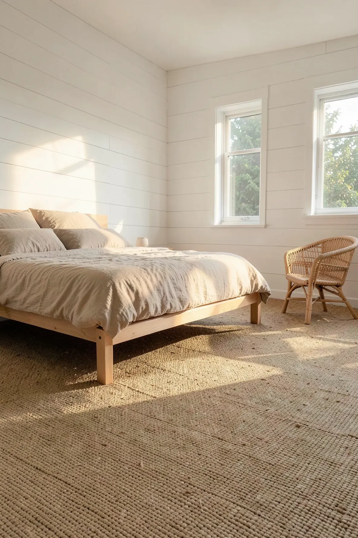 Textured wall-to-wall seagrass matting in a bright coastal bedroom with light wood furniture.