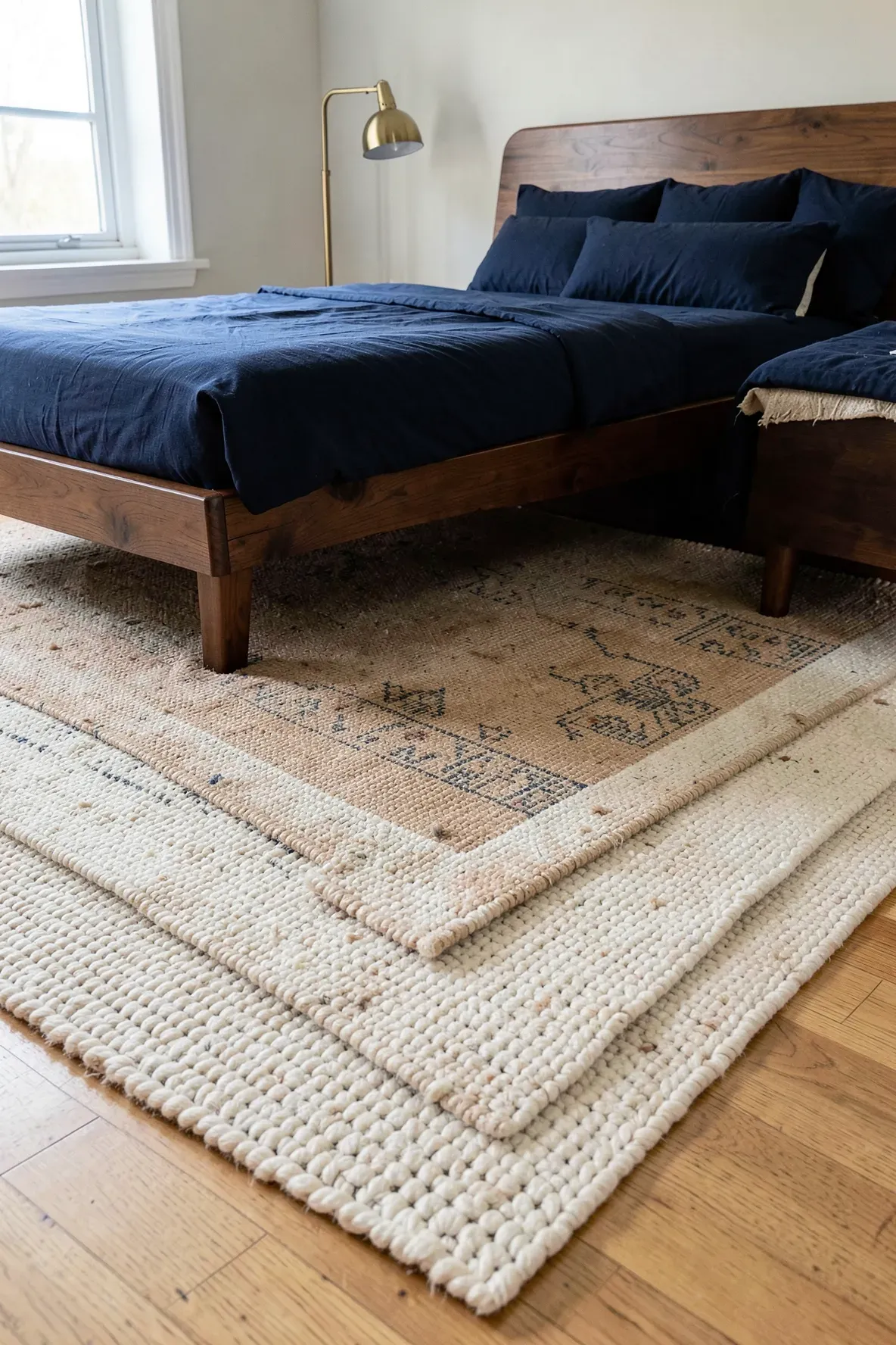 Layered rectangular rugs of different textures and sizes under a bed in an eclectic bedroom.