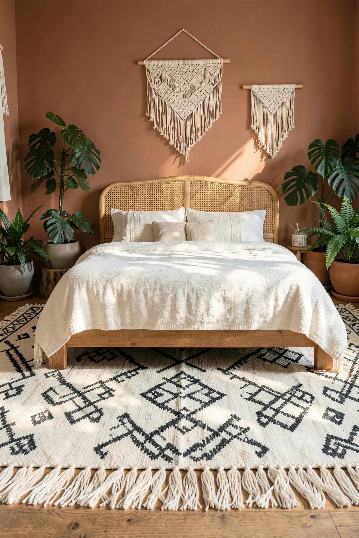 A bohemian tasseled rug with geometric patterns in a bedroom filled with plants and rattan furniture.