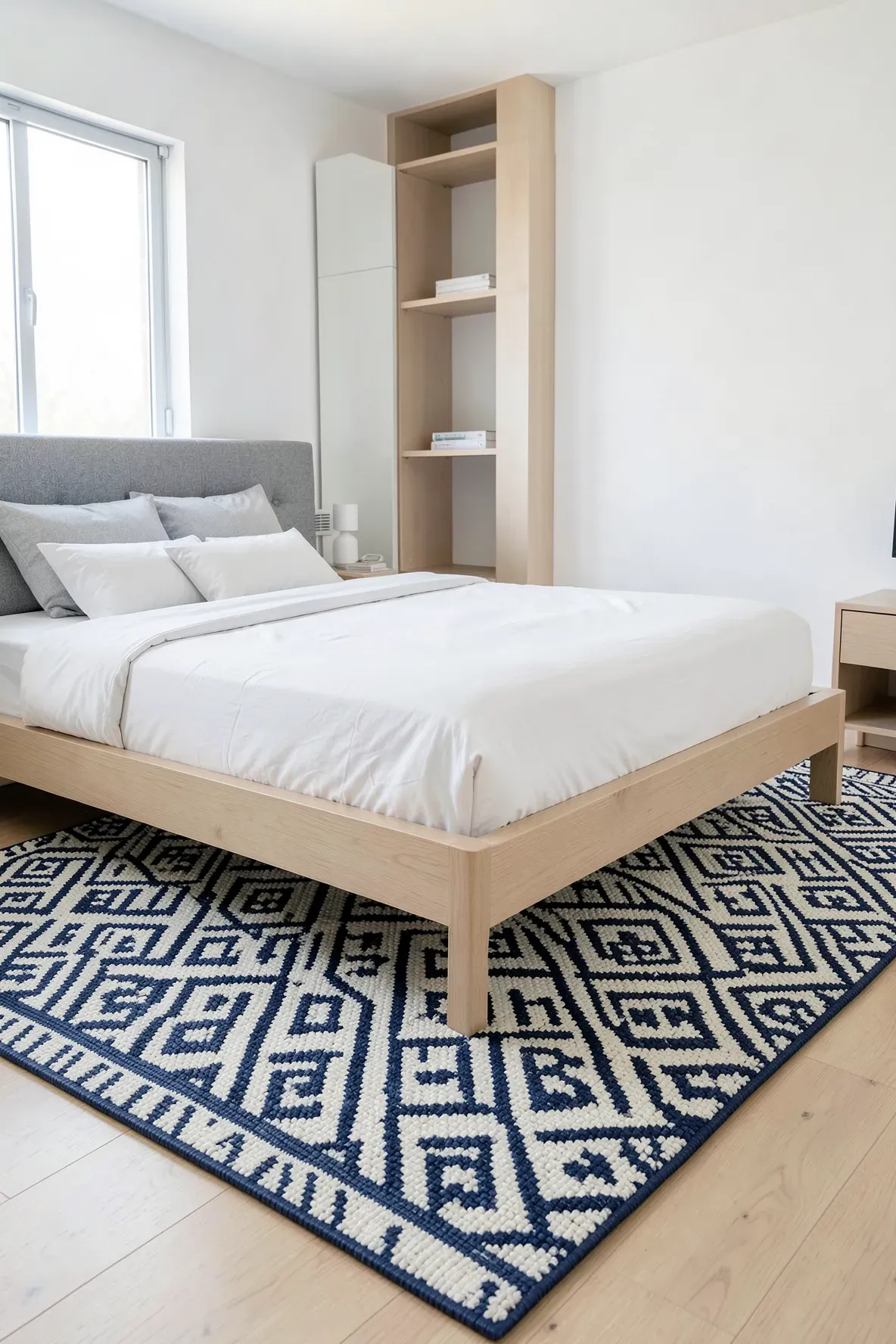 A navy and white flatweave rug with a geometric pattern in a clean, bright modern bedroom.