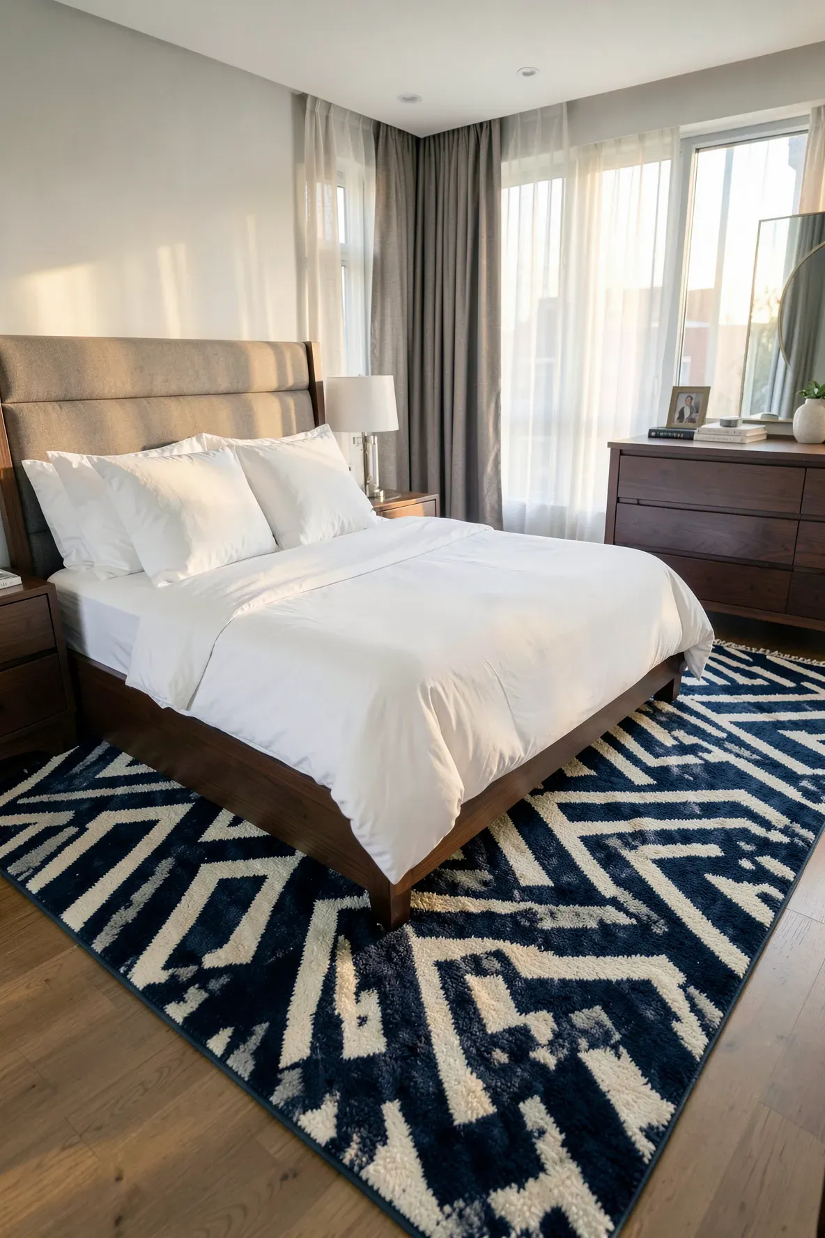 A navy blue and white chevron runner rug placed next to a bed in a bright, modern bedroom.