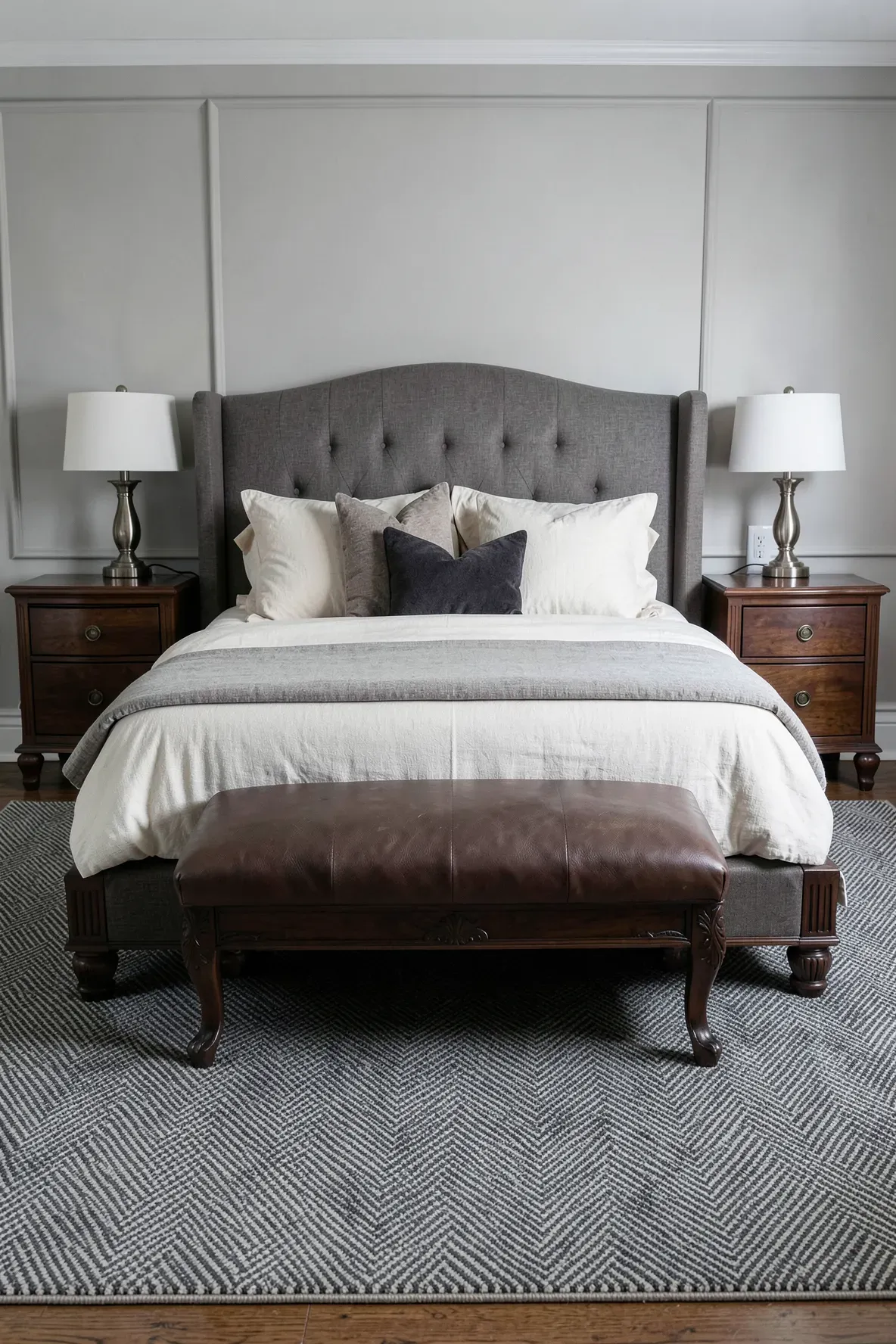 A grey herringbone weave rug sitting beneath a bed and a leather bench in a tailored bedroom.