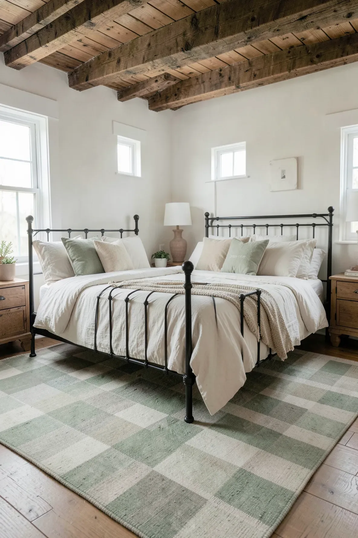 A sage green and cream checkered rug in a farmhouse bedroom with a wrought iron bed.
