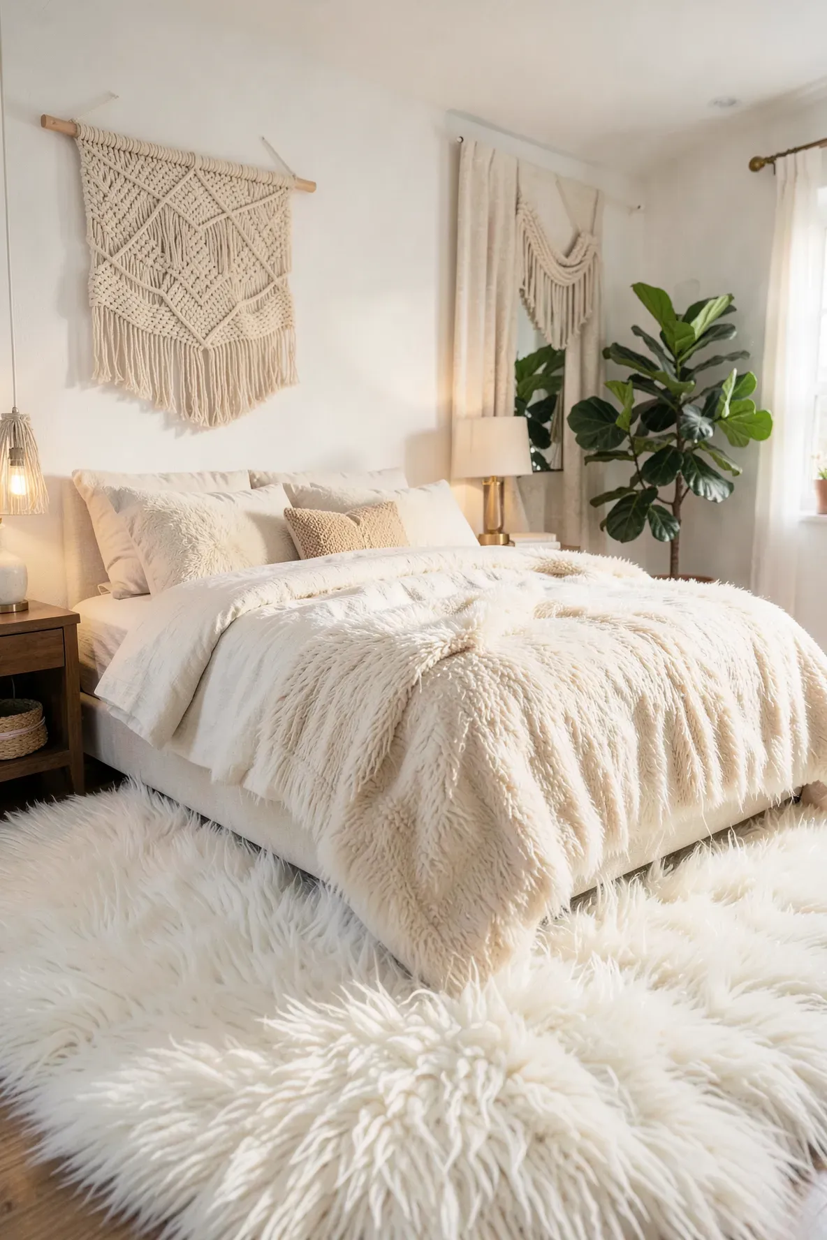 A thick, shaggy white Flokati wool rug in a cozy, sun-drenched bedroom.