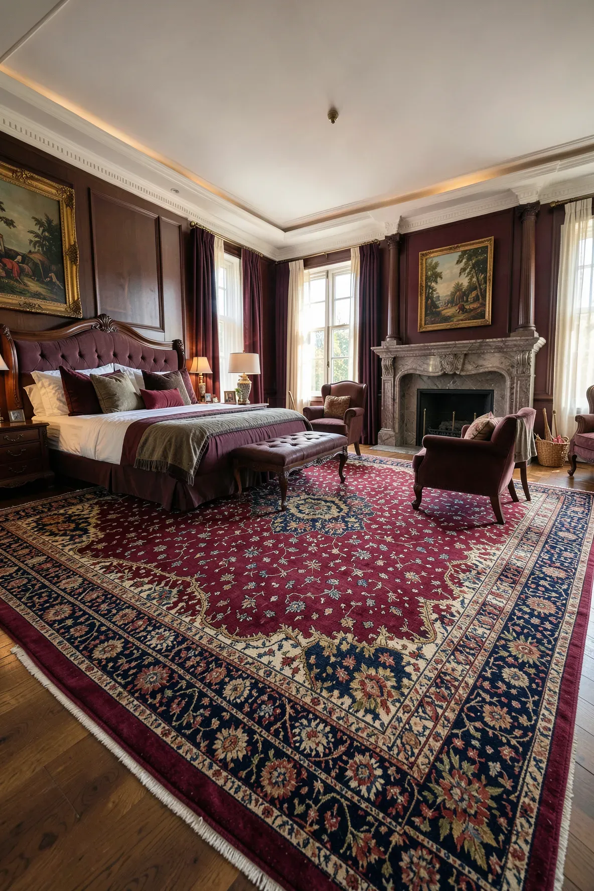 A large, ornate traditional area rug anchoring a spacious master bedroom suite.