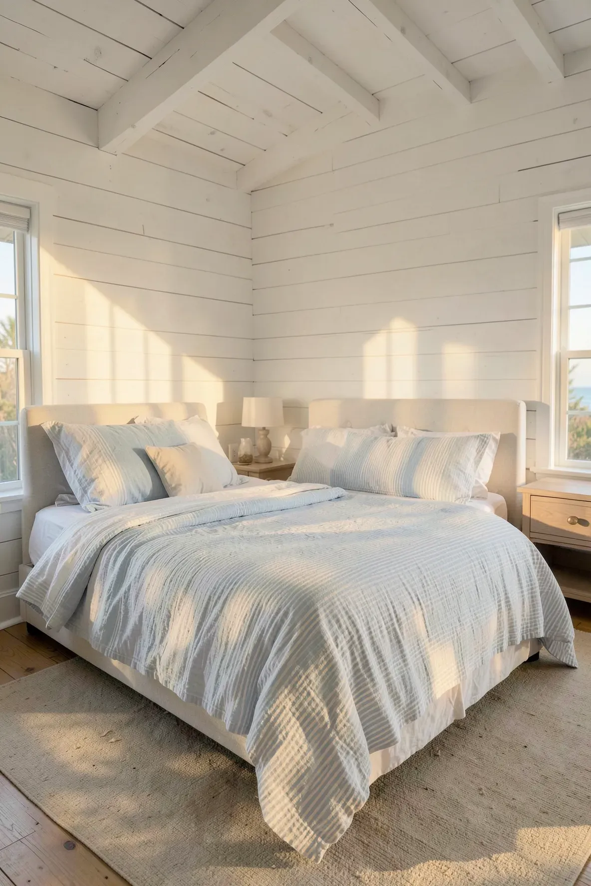 A bright beachy bedroom with light blue and white striped linen bedding on a large bed.