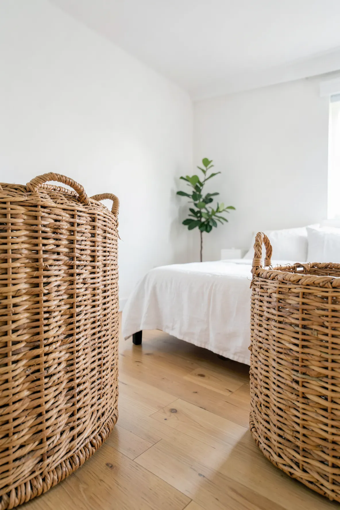 Large golden-brown rattan baskets stored in the corner of a bright, white-walled beachy bedroom.