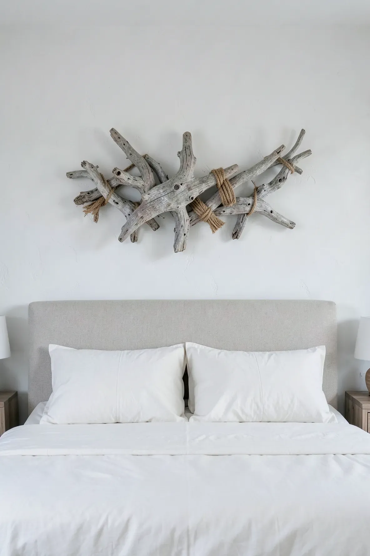 A large, weathered driftwood sculpture hanging on a white wall above a bed with neutral linens.