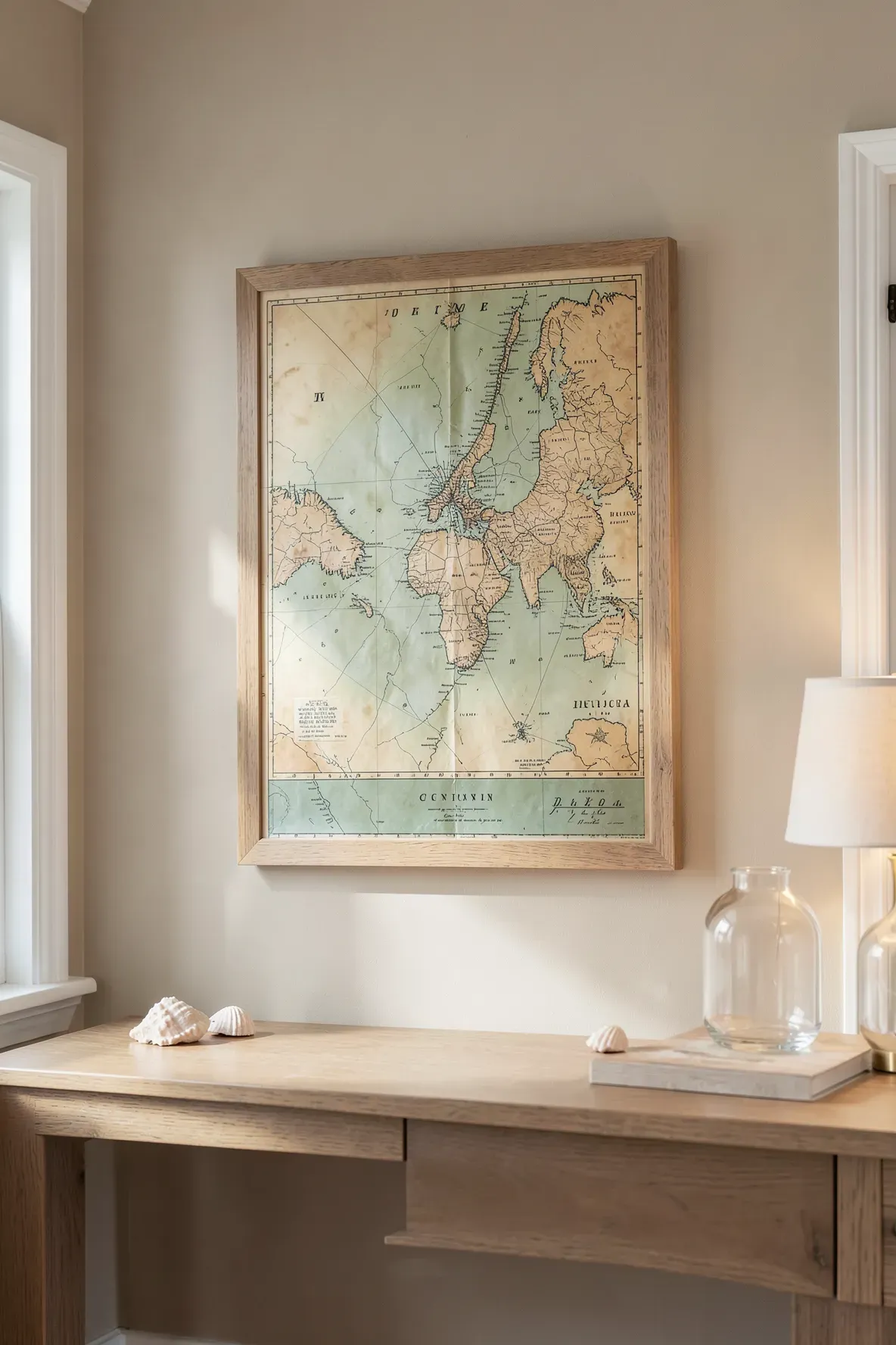 A vintage map of a coastline in a simple wooden frame hanging on a beige wall in a beachy room.