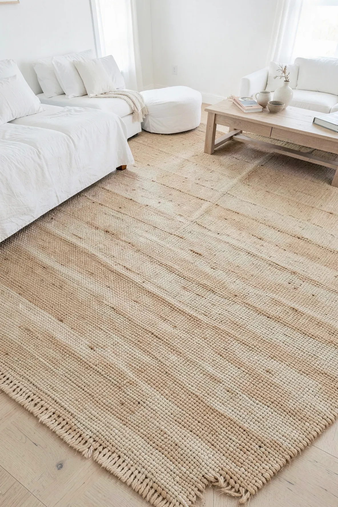 A large, textured tan jute rug on a light wood floor in a bright, airy beach-themed room.