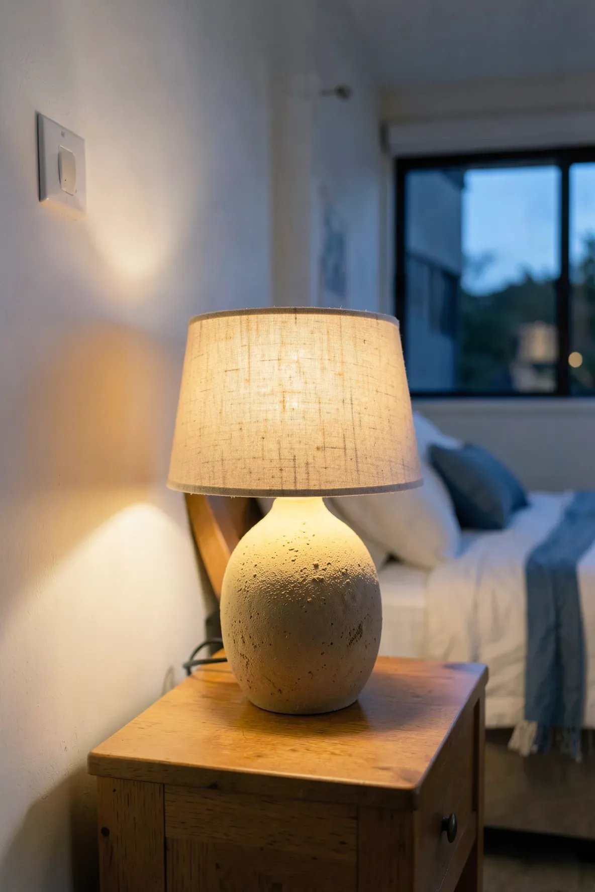 A round ceramic lamp with a sandy texture and white shade glowing on a nightstand in a beachy room.