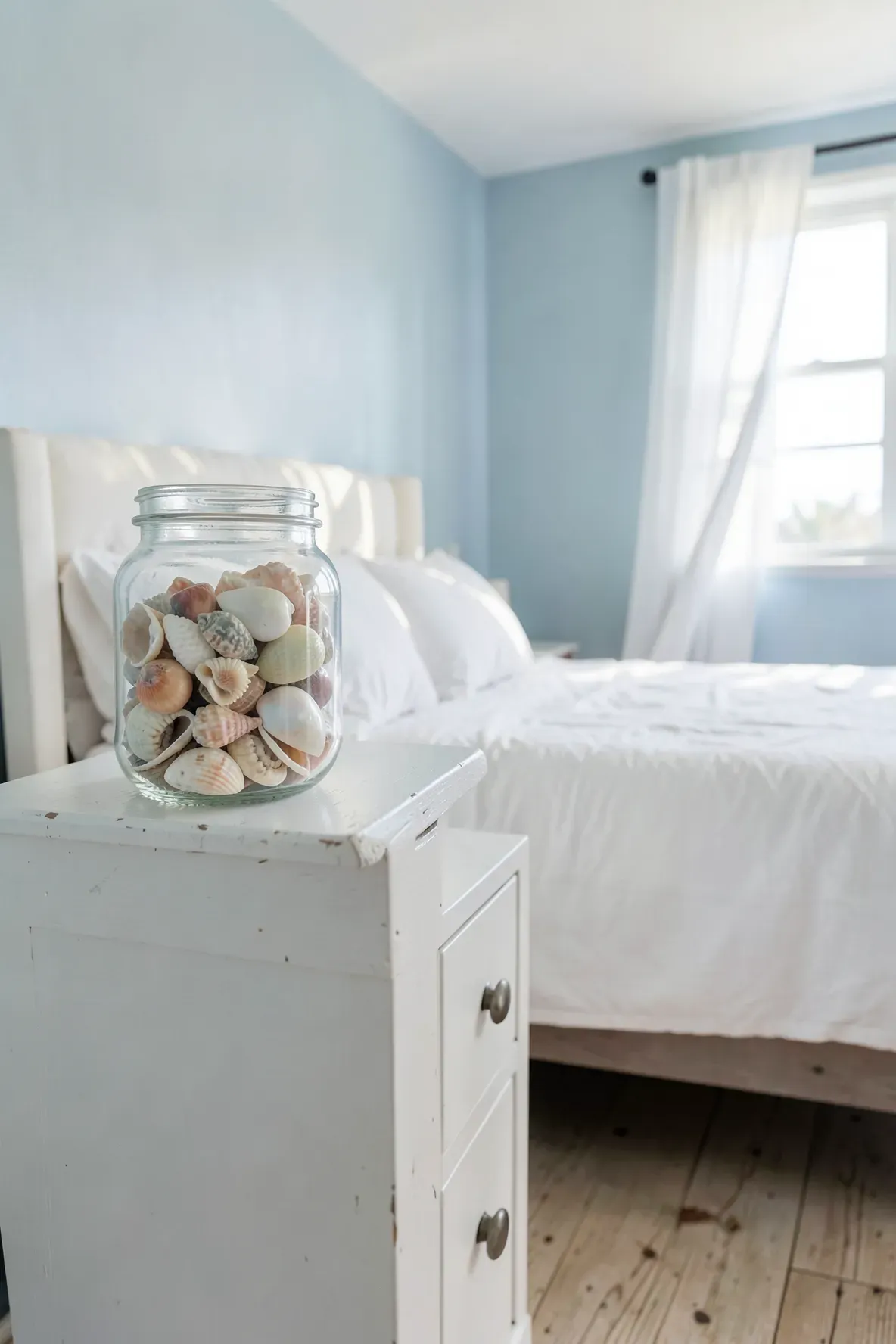 A clear glass jar filled with colorful sea shells on a nightstand in a bright, airy coastal bedroom.