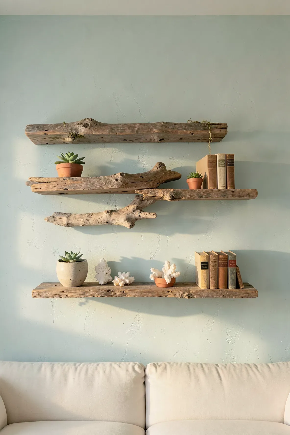 Rustic weathered wood floating shelves on a light blue wall decorated with coral and small plants.