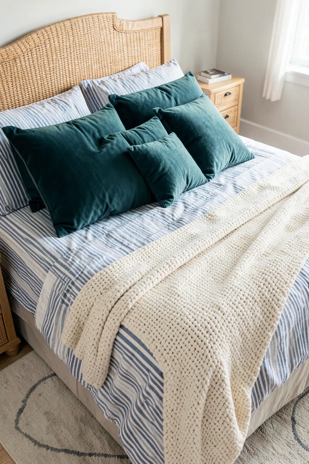 Plush teal velvet pillows arranged on a striped coastal bed with soft natural lighting.