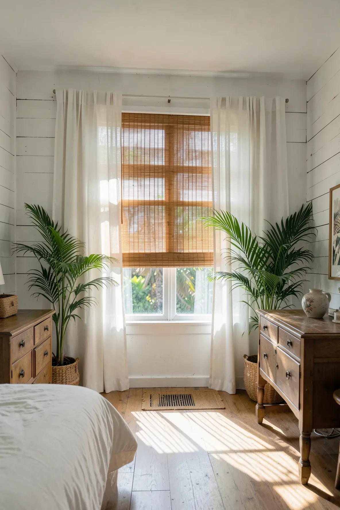 Natural bamboo roller blinds on a window in a bright coastal room with sheer white curtains.
