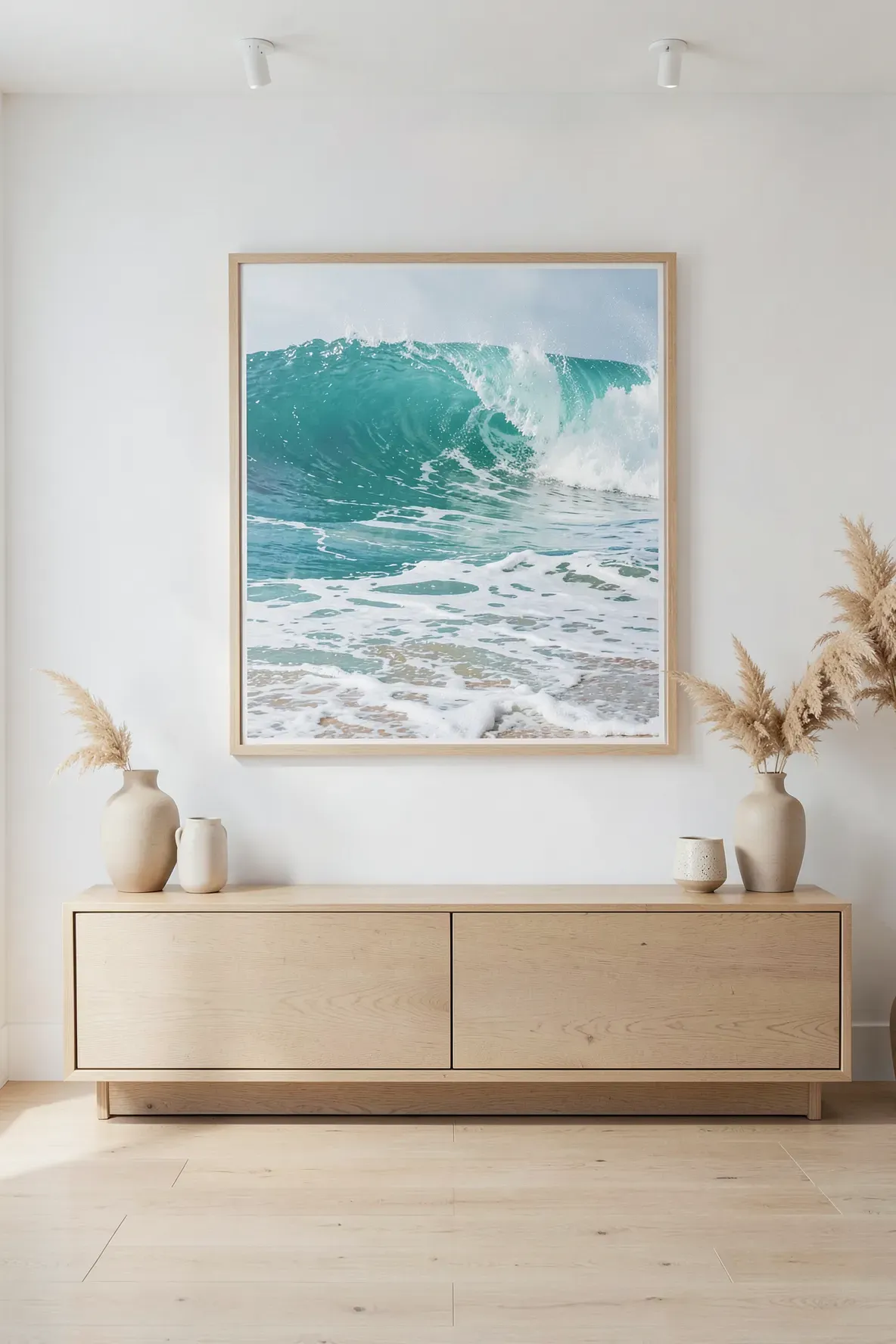 A large framed photo of a turquoise ocean wave hanging in a minimalist, bright coastal room.