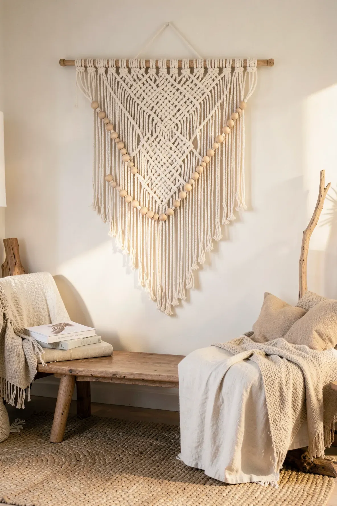 An intricate off-white macrame wall hanging with wooden beads in a cozy, bohemian coastal room.
