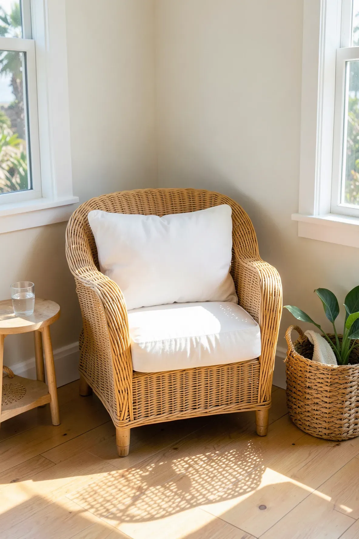 A honey-colored wicker armchair with a white cushion in a sun-drenched corner of a beachy room.
