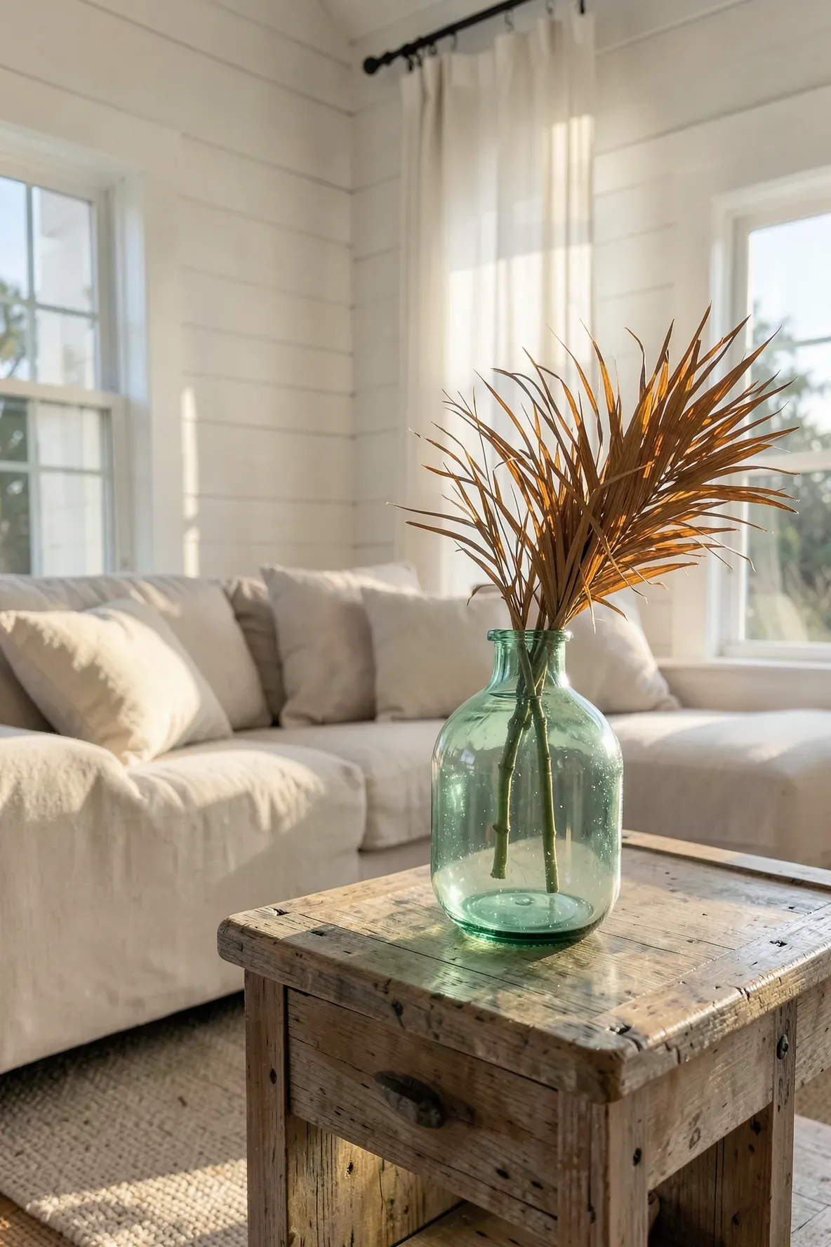 A seafoam green glass vase sits on a wooden table in a sunlit, white beachy living room.