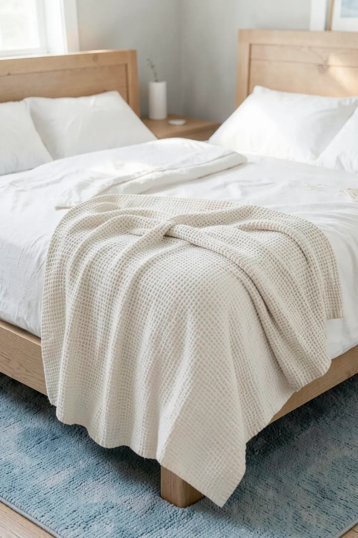 A cream waffle knit blanket is draped over white linens on a bed in a serene coastal bedroom.