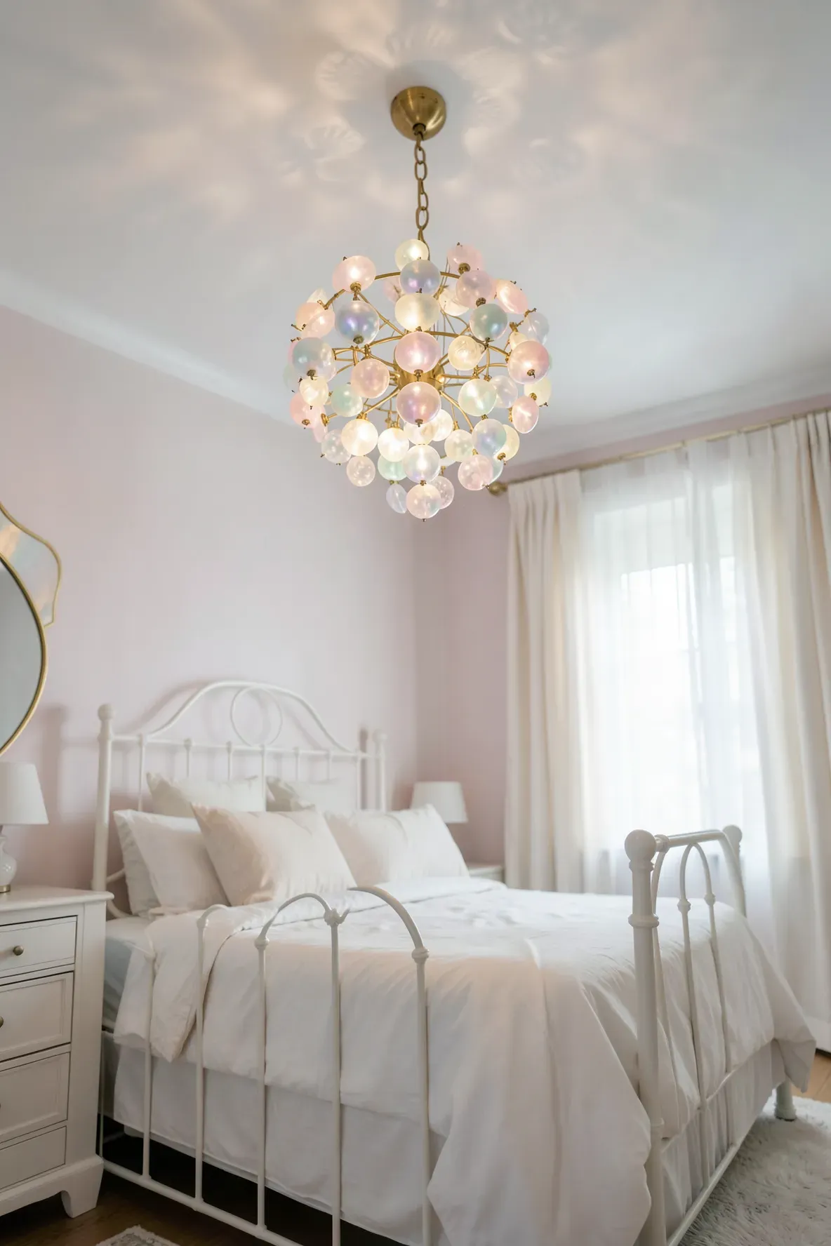 An iridescent Capiz shell chandelier hangs from the ceiling in a soft, elegant coastal bedroom.