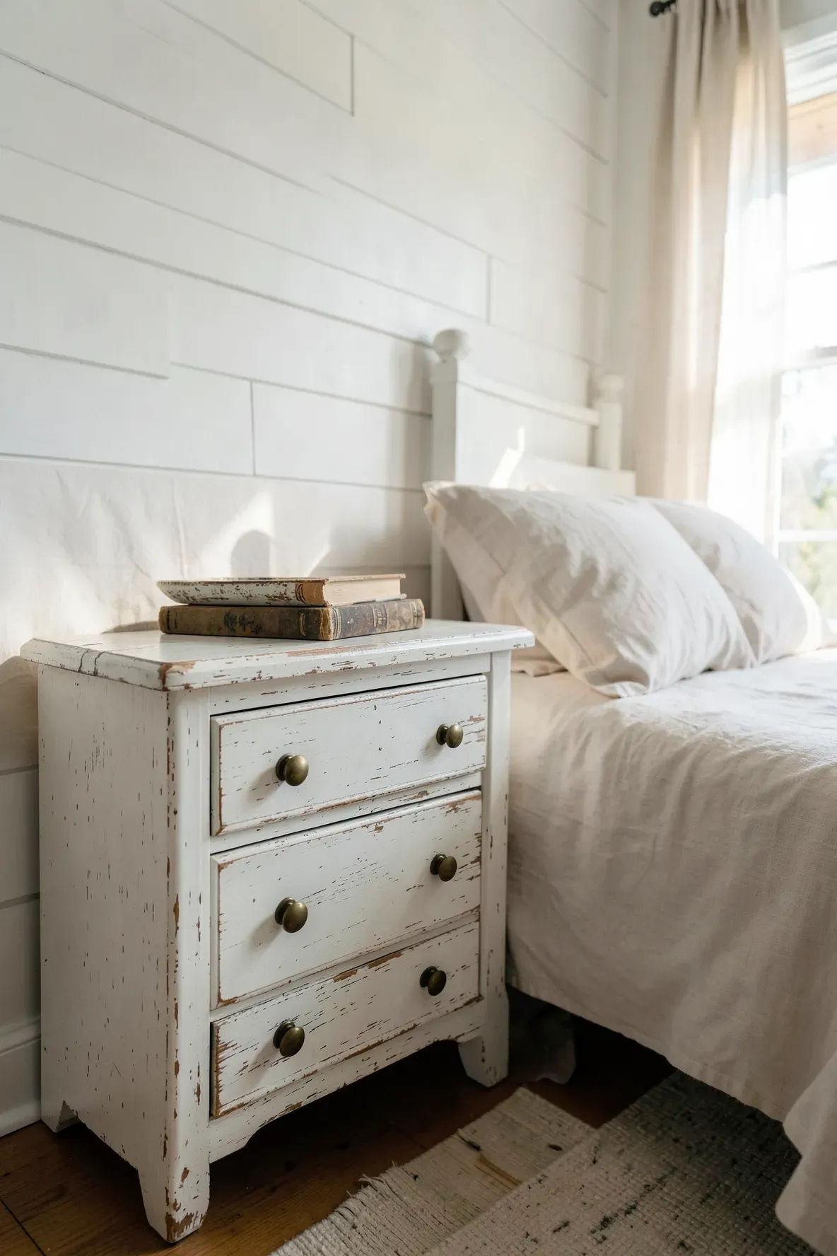 A distressed white nightstand with brass knobs in a bright, airy coastal-themed bedroom.