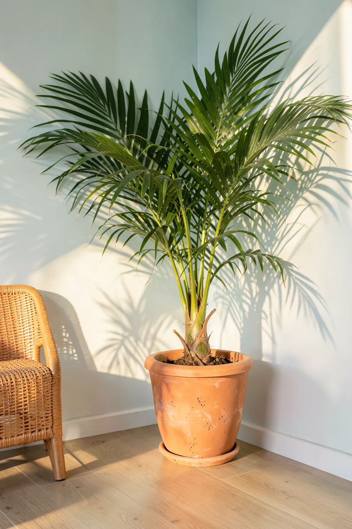 A tall green palm plant in a terracotta pot sitting in the corner of a bright beachy room.